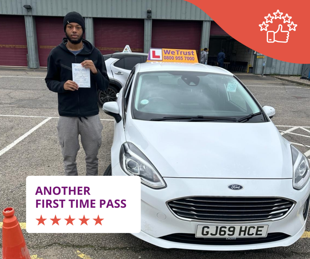 student with driving test pass certificate and purple car at Mitcham driving test centre