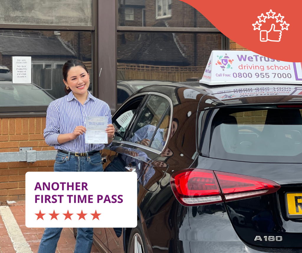 student with driving test pass certificate and purple car at Tolworth driving test centre